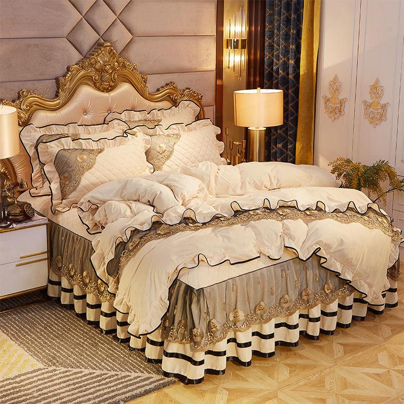 4pcs/set Crystal Velvet Warm Bed Skirt Plus Velvet Thick Bedding Korean High-end Bed Linen