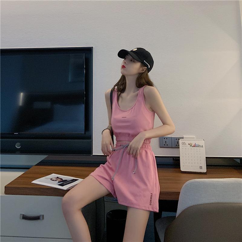 2PCS Summer Women's Sports Suit Vest T-shirt + Loose Drawstring Shorts Two-piece Set Fitness Running Jogging Suit Casual Workout Clothes Set