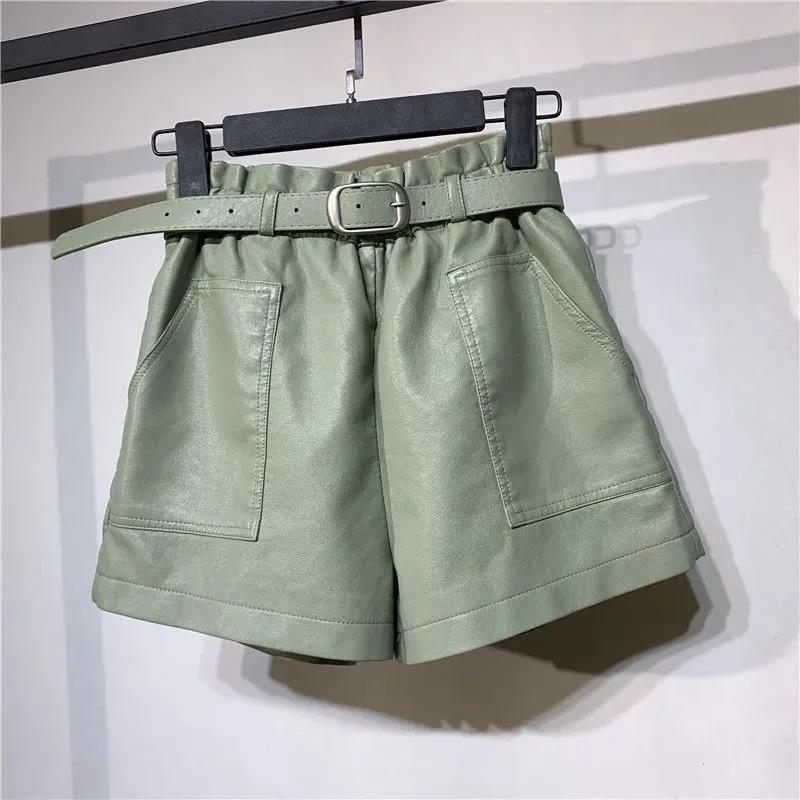 Leather Shorts Women's Autumn and Winter Flower Buds Elastic High Waist Thinner Students Korean Loose Wide-leg Casual Pants Belt Models