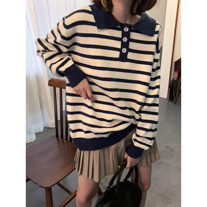 College Style Polo Collar Striped Sweater Female Student Autumn and Winter Casual Loose and Lazy Pullover Sweater Top Outer Wear