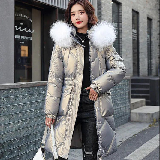 Glossy Disposable Down Padded Jacket Women's Mid-length Korean Style Winter Loose White Large Fur Collar Fashion Padded Jacket