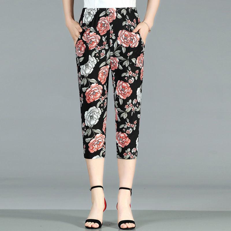 Cropped Pants Summer Thin Section Middle-aged and Elderly Women's Pants Large Size High Waist Casual Pants Straight Flower Pants