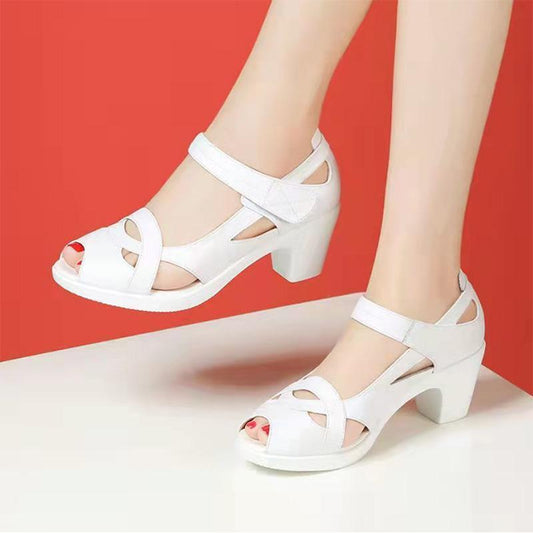 Real Soft Leather Sandals Women Middle-aged and Elderly Mother's Shoes Soft-soled Middle-heeled Thick-heeled Fish Mouth Shoes