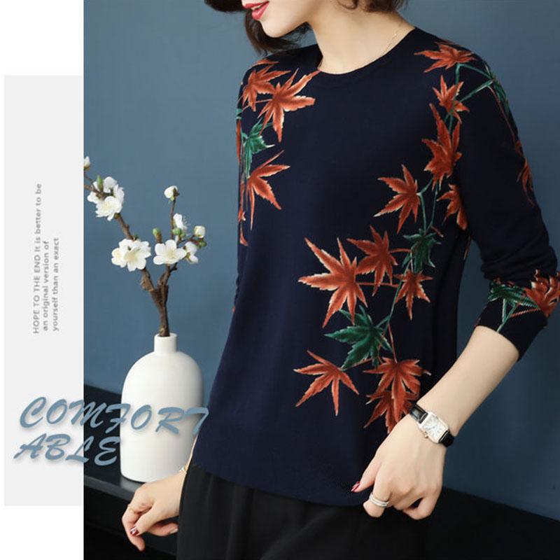 Maple Printed Sweater Women Casual Long Sleeve Pullover Elegant Street wear O-neck Jumper Loose Knitted Woolen Sweater