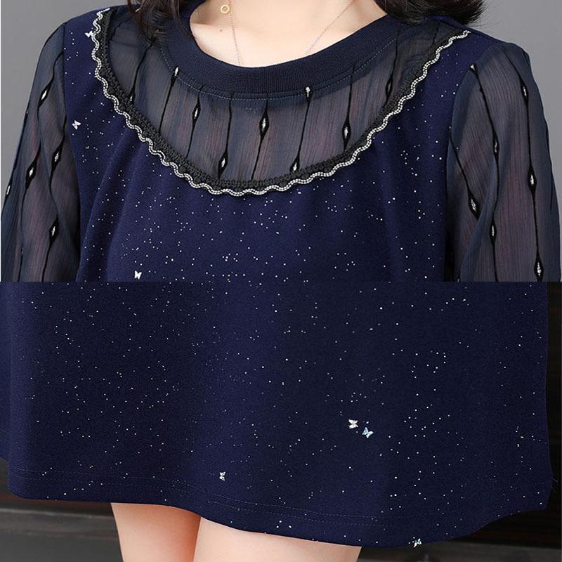 Women Black Blue Dress Solid Color Sequins Tulle Long Sleeve O-neck Spring and Autumn Large Size Loose Knee-length Size L-XXXXXL