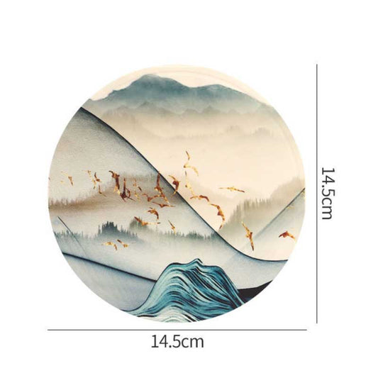 4pc PVC Rubber Coasters Landscape Pattern Coaster Anti-scalding Table Mat Kitchen Pot Mat Round Plate Mat