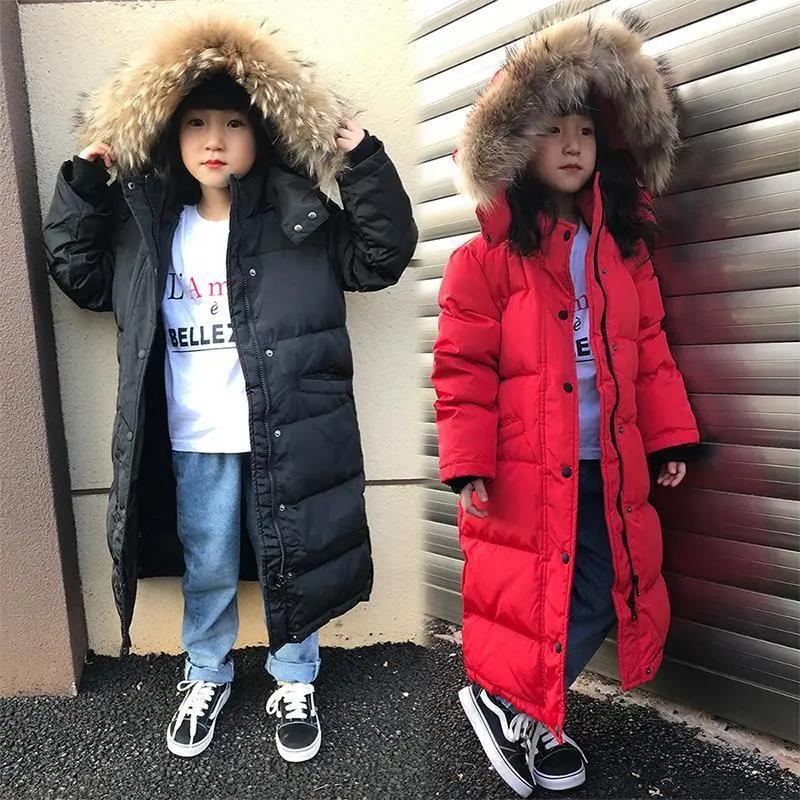 Girls' Down Warm and Windproof Cotton Jacket Mid-length Children's Long Over-the-knee Children's Clothing Plus Velvet Padded Jacket