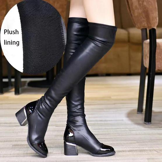 Autumn and Winter Versatile Elastic Plush Leather Boots Plus Size British Style Black Thick Heel Long Martin Boots