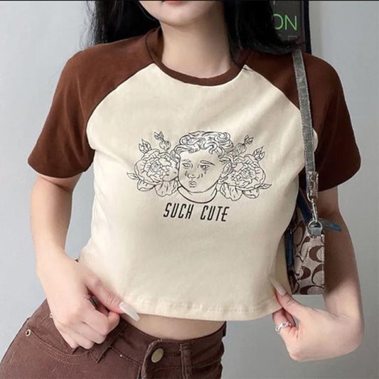 Printed Contrast Color T-shirt Women's Short Raglan Sleeves Slim Fit Cartoon Solid Color All-match Top Summer Tide