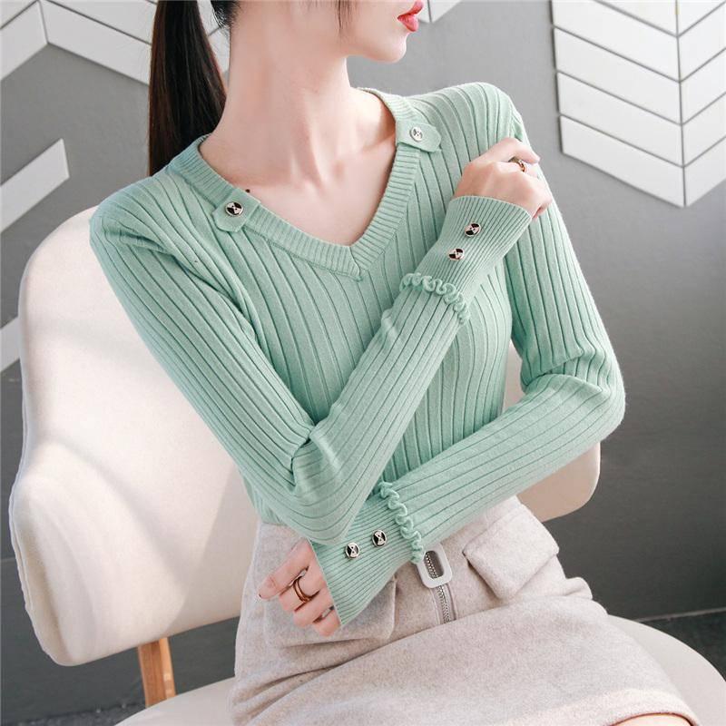 Women  Sweater Solid Slim V-Neck Warm Knitwear Winter Long Sleeve Turtleneck Top