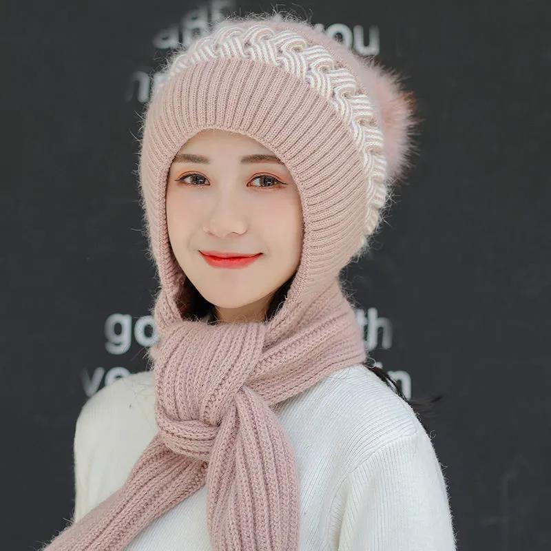 Winter Women's Scarf Hat One-piece Korean Fashion Warm Wool Knitted Hat One-piece Bib Plus Velvet Thick Windproof Bib Hat