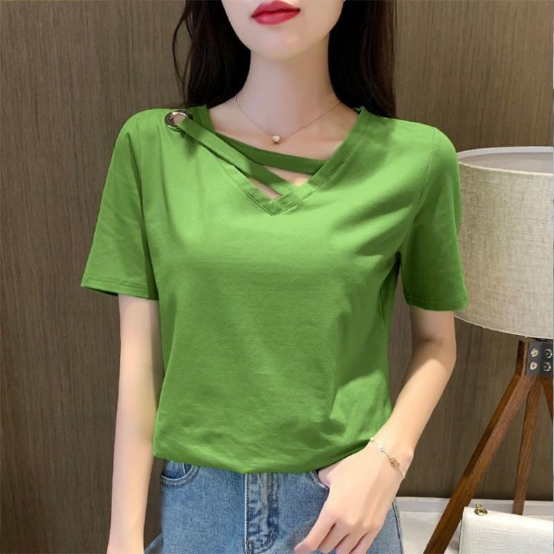 Cotton Short-sleeved T-shirt Women's V-neck Solid Color Summer Korean Version Slim All-match Bottoming Shirt Half-sleeve Top