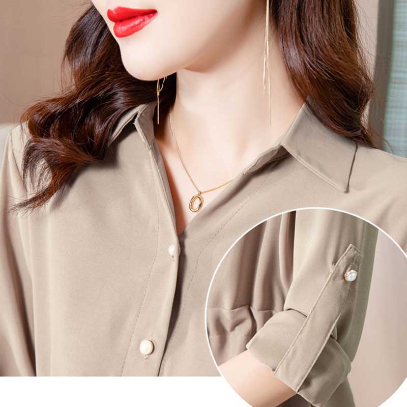 Shirt Women's Spring and Autumn Large Size Long-sleeved Waist Top Mid-length Solid Color Shirt