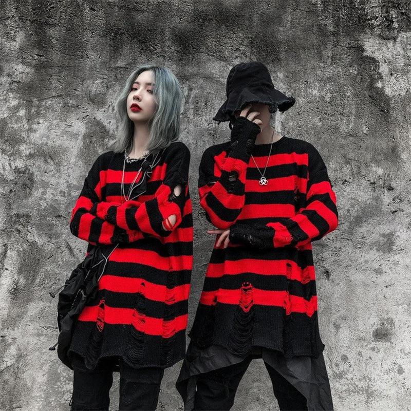 Couple Sweater Loose Lazy Trend Knit Bottoming Hole Men's Sweater Gothic Emo Punk Grunge Ripped Striped Sweater