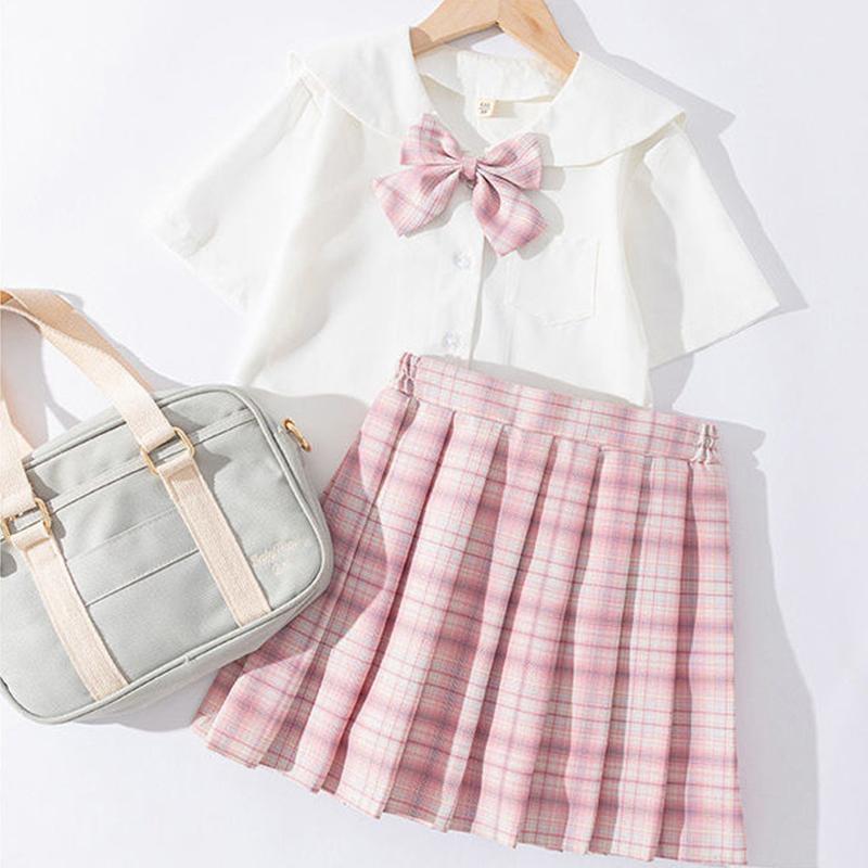 Girls Pleated Skirt Suit Big Children Elementary School Students Summer Puff Sleeve Jk Uniform Skirt Children's College Style Skirt Summer Dress