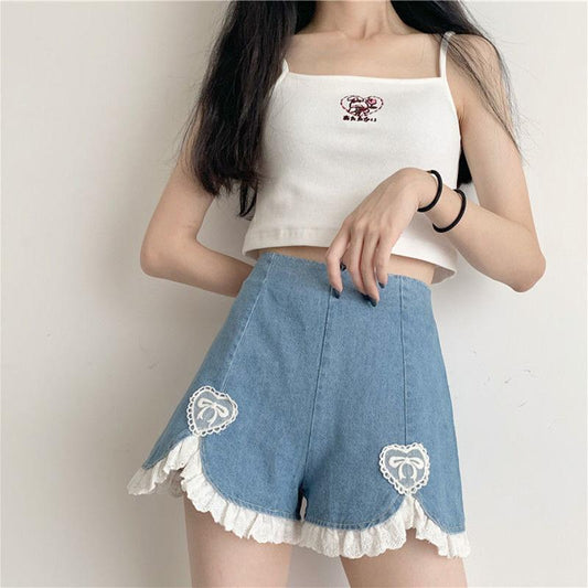 WTEMPO Lace High Waist Denim Shorts Women Student Loose Spring and Summer Wide Leg A-line Thin Casual Shorts