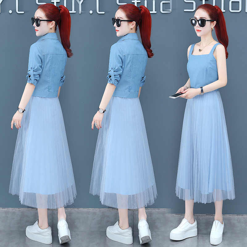 Women's Spring Denim Suspender  Sleeve Denim Jacket Slim Pleated Mesh  Suit  dress