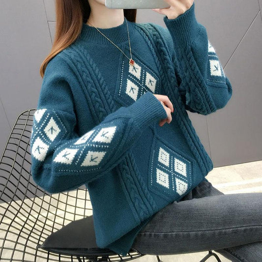 Thickened Twist Diamond Jacquard Pullover Sweater Women's New Fall/winter Round Neck Loose Lazy Sweater