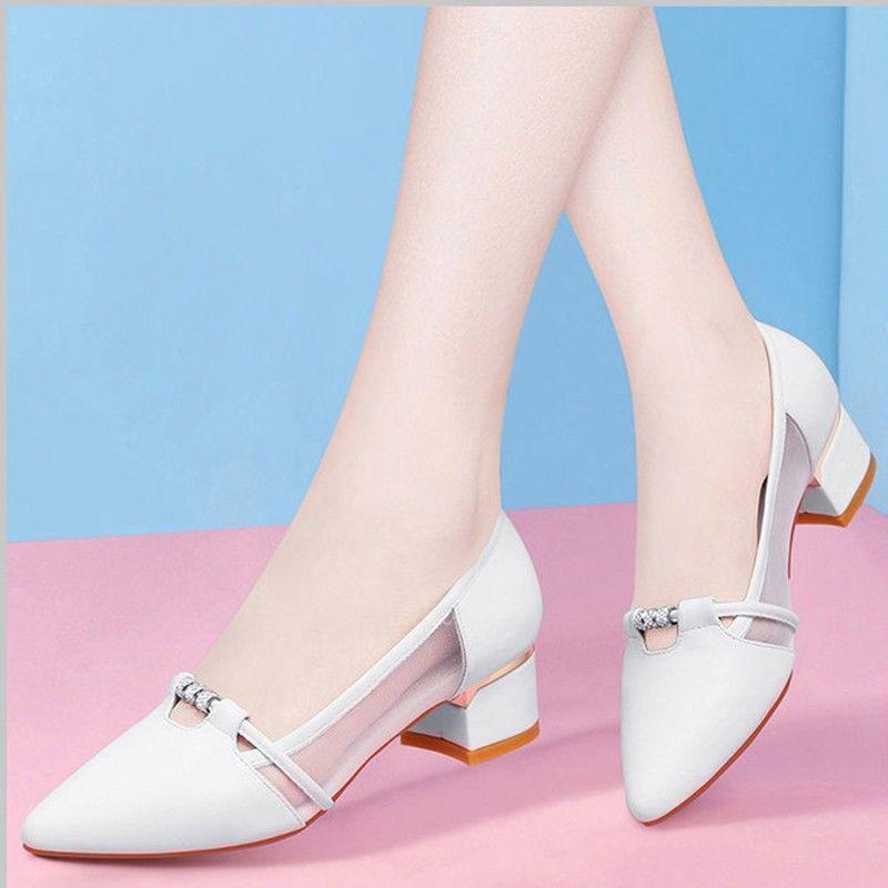 Real Soft Leather Single Shoes Women Spring and Autumn Mesh Breathable Thick Heel Small Leather Shoes British Style Shallow Mouth Work Shoes