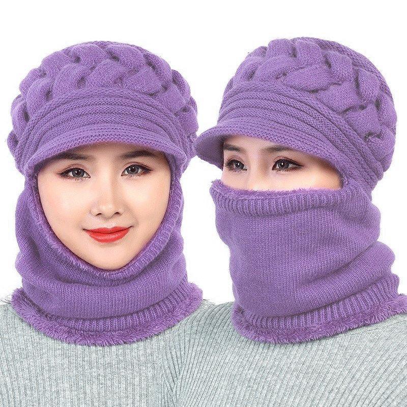 Warm Hat Women's Winter Woolen Hat with Velvet To Keep Warm Cycling Padded Bib Hat One-piece Stretch Knitted Hat