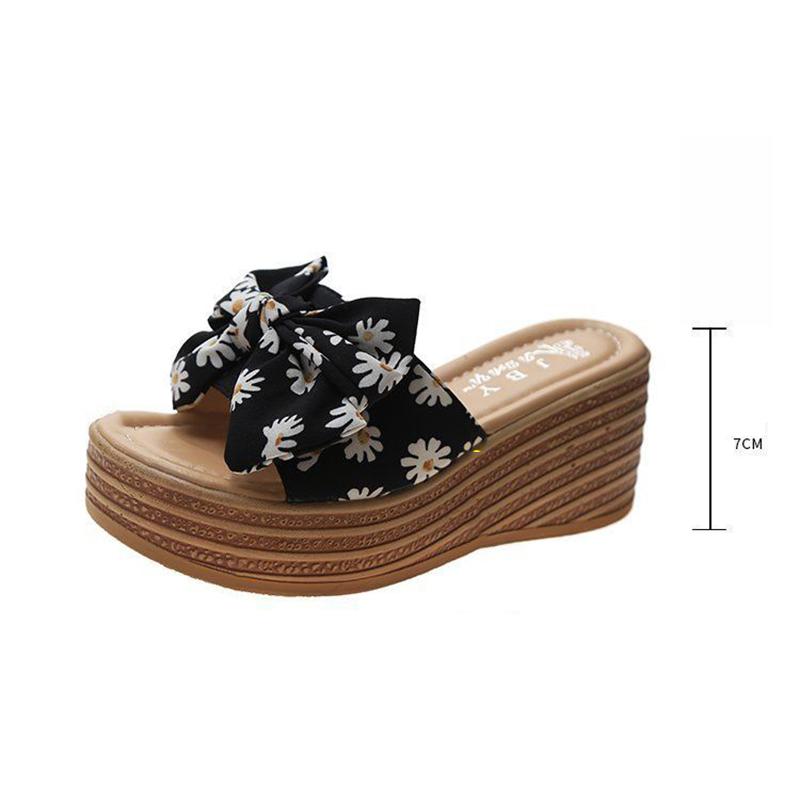 High-heeled Thick-soled Slippers Women's Summer One-word Thongs Are Thin and Heightened Bow Beach Sandals and Slippers