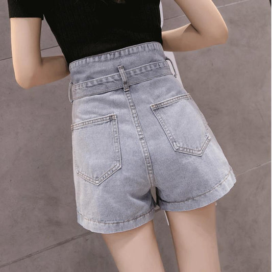 WTEMPO Belt High Waist Denim Shorts Women Wide Leg A-line Thin Curled Bottom Casual Shorts