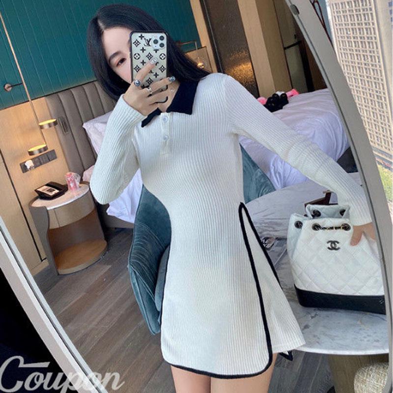 Spring and Autumn Lapel Temperament Short Skirt Casual Hit Color Slim Top Coat Hip Long Sleeve Female Dress