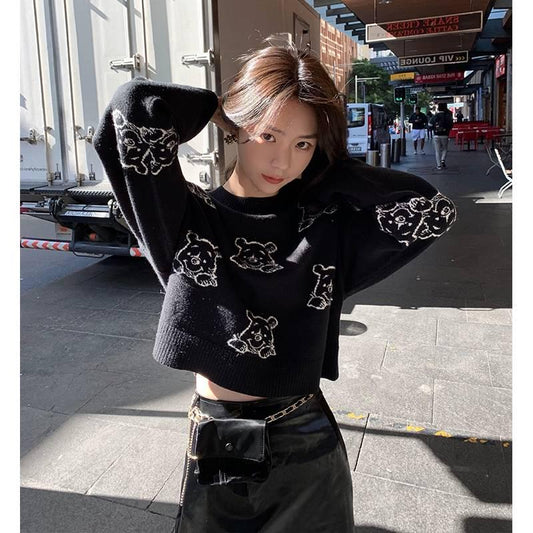 Yarn Knitted Sweater Women Fall Korean Style Cartoon Winnie The Pooh Pullover Black Knitwear