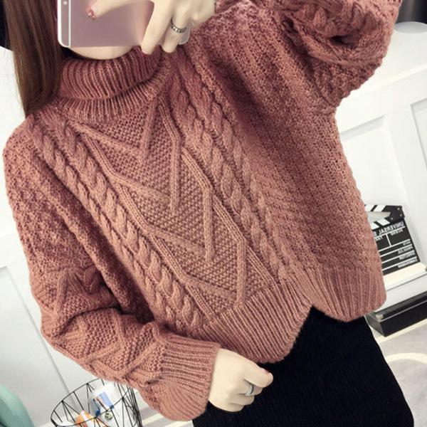 Autumn and Winter Korean Version of Loose Bottoming Shirt Turtleneck Pullover Sweater Female Student Short Thick Woolen Coat Thick