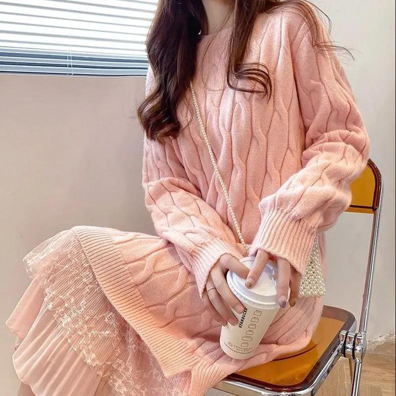 Sweater Dress Female Over-the-knee Base Skirt Mid-length Round Neck Pullover Long-sleeved Warm Sweater Lace Loose Sweet Wind