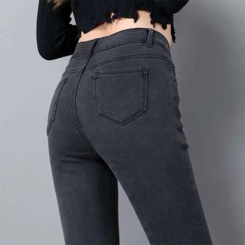 Women's High Waist Jeans Korean Style Black Pencil Pants Tight Elastic Smoke Gray Student Slim Magic Pants Long Pants