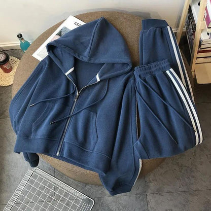 2PCS Women's Sports Suit Autumn and Winter Short Striped Zipper Sweater + Sports Trousers Casual Two-piece Suit Fitness Jogging Hooded Sweater Suit