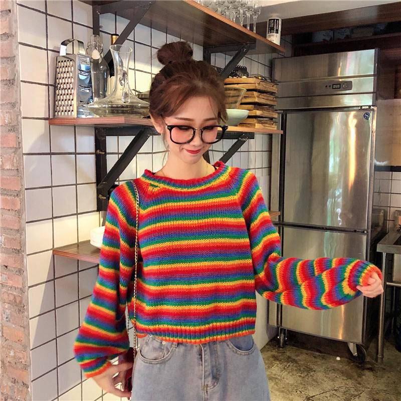 Rainbow Striped Sweaters Women Jumpers Knitted crew neck loose Pullover Long Sleeve Female