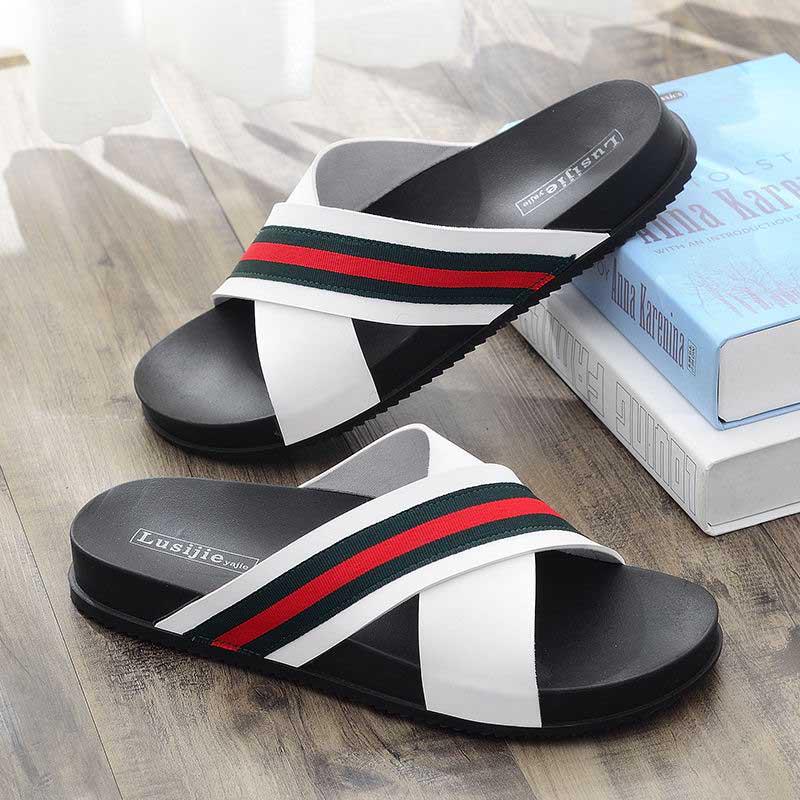 Size40-45 Summer Men Sandals Comfortable Non-slip PU Leather Beach Slippers Casual Outdoor Slippers Cross Alphabet Drag Flip Flops