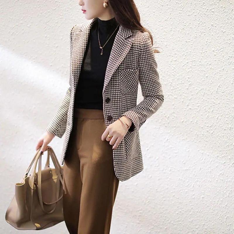 Casual Double Breasted Tweed Women Blazer Coat Long Spring Autumn Jackets Coats Female Chic Office Lady Tops