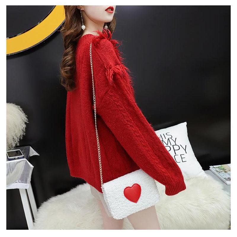 Sweater Women Red Loose Lazy Style V-neck Sweater Young Women Solid Color Fashion Top