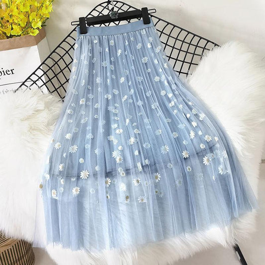 Mesh Skirt, Small Daisy Floral High Waist Thin A-line Skirt 3-layer Mid-length Pleated Skirt Large Skirt Ladies Mesh Skirt Print Decoration