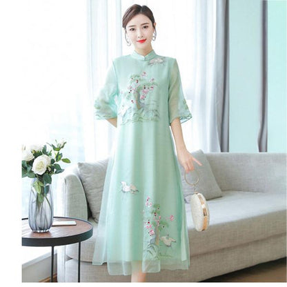 Chiffon  Cheongsam M-XXXXL Plus Size Chinese Style Summer Dress Knee-length Printed Over-the-knee Skirt