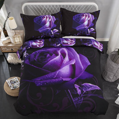 3D Purple Rose Duvet Cover Set Cotton Polyester HD Bedding Set 3pcs Bedclothes