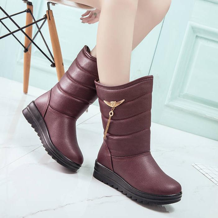 Women Boots Leather Mid Calf Plush Winter Warm Snow Boots Women Cotton Boots Botas Mujer