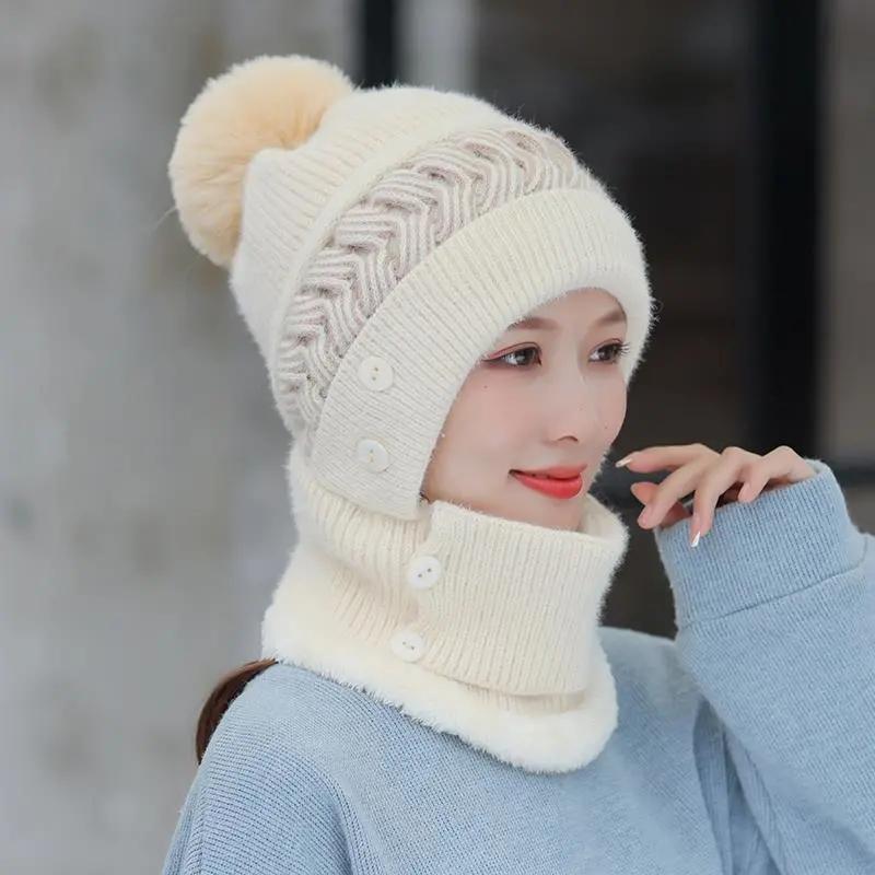 Women's Two-in-one Hat Scarf Winter Warm Woolen Cap Windproof Thick Woolen Caps for Riding Fur Ball Knitted Hats Facial Mask Scarf Set