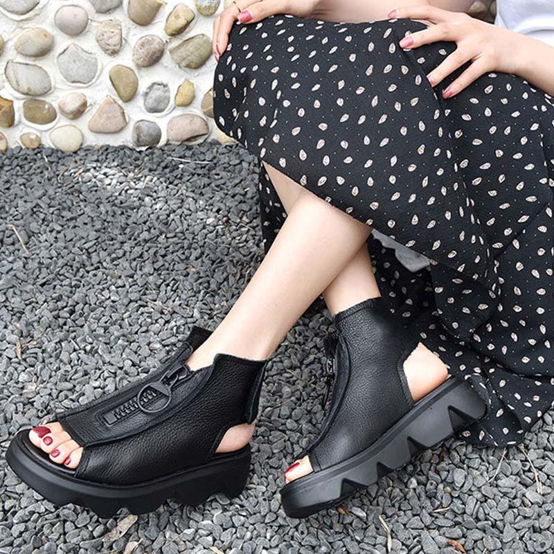 Plus Size 35-40 Summer Women Outdoor Rome Flip Flop Flat Bohemian Beach Shoes Non-slip Office Lady Zipper Sandals