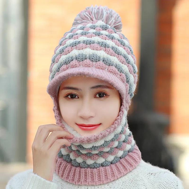 Winter Women's Knitted Hat and Bib One-piece Plus Velvet Warm Knitted Hat Cycling Windproof Neck Cover One-piece Hat