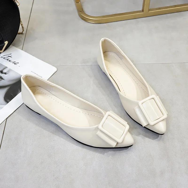 Women's Leather Shoes Women's Pointed Toe Flat Shoes Women's Shallow Mouth Flat Shoes Women's Shoes Soft Bottom Square Buckle Work Shoes Women