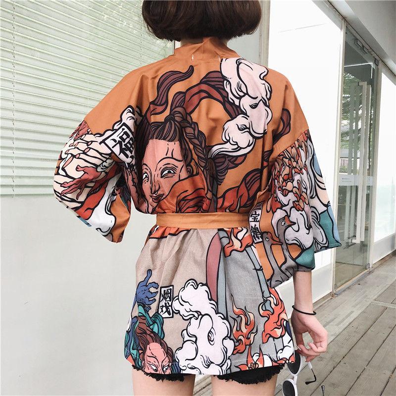 Comic Print  Cardigans Japanese Kimono Cardigan Woman Thin College Streetwear Sunscreen Clothes Kimono Coat