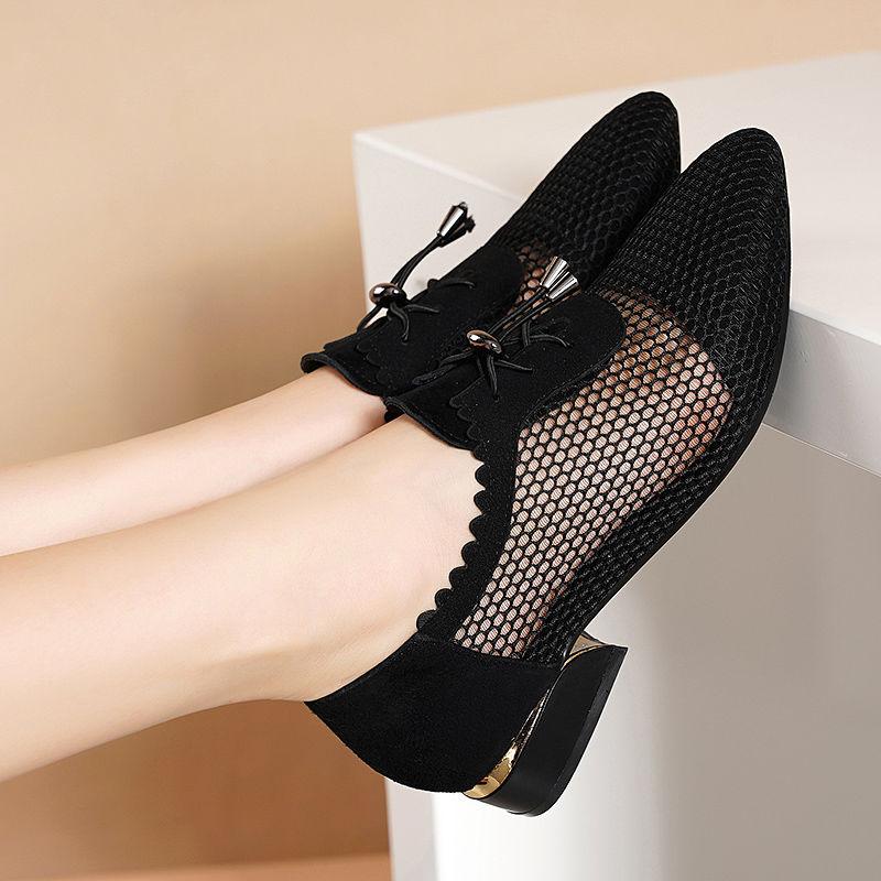 Women's Black Leather Sandals Summer Mesh Hollow Lace-up Low-heeled Thick-heeled Pointed Mother Single Shoes Sandals Women