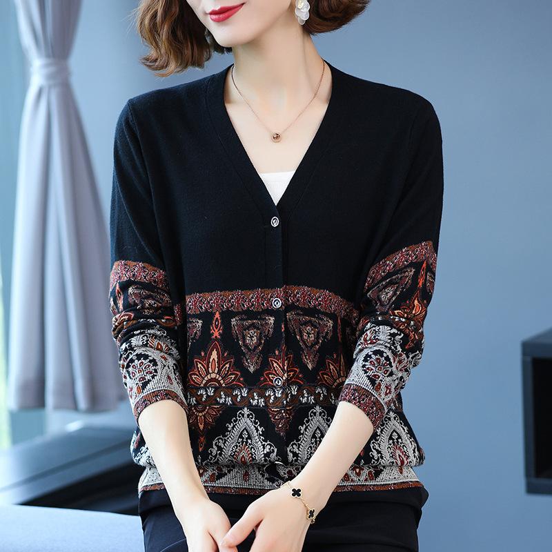 Autumn Winter Cardigan for Women V-neck Printing Sweater Coat Woolen Cardigan