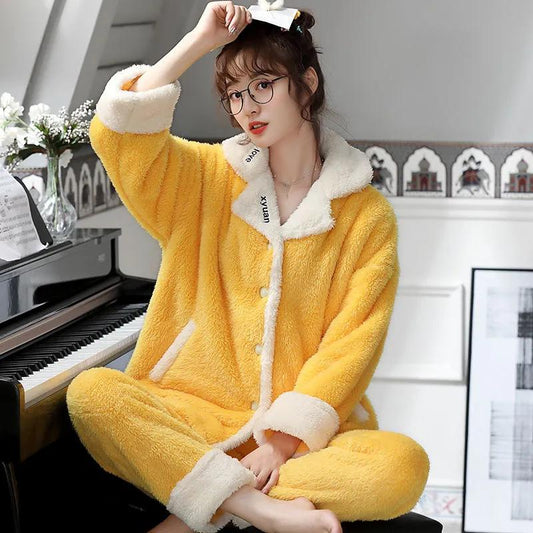 Women's Thick Coral Fleece Pajamas Set Winter Warm Flannel Home Wear Suit Cute Lapel Button Sleeping Suit Long Sleeves Sleeping Suit