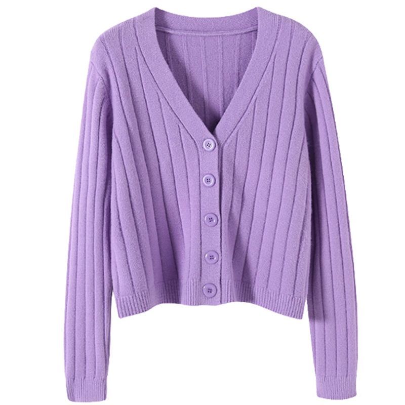 Autumn and Winter Short Style Loose Long-sleeved V-neck Sweater Knitted Cardigan Coat Shawl Solid Color Cropped Top Women