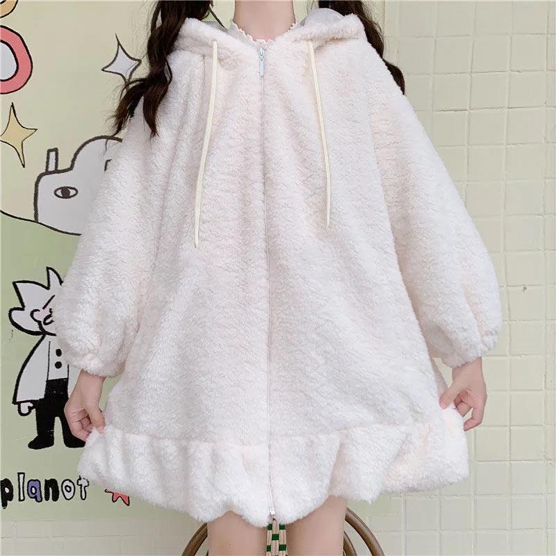 Rabbit Ears Hoodies Women Zip-up Sweatshirts Coat Long Lantern Sleeve Hooded Lolita Cute Sweet Girls Harajuku Warm Baggy for Her